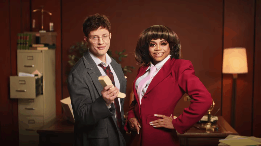 a comedian and a woman in a law office