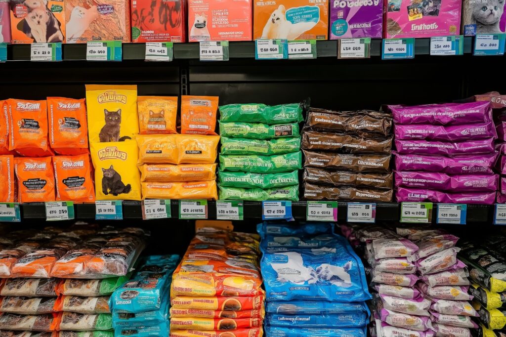 pet food stacked on a shelf